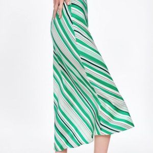 ZARA green and cream striped print midi skirt
